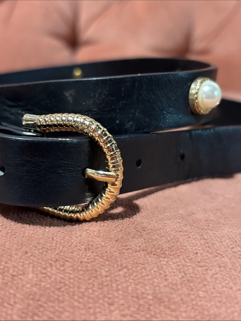 Lp blue black thin pearl accent women’s belt gold buckle girlie belt large